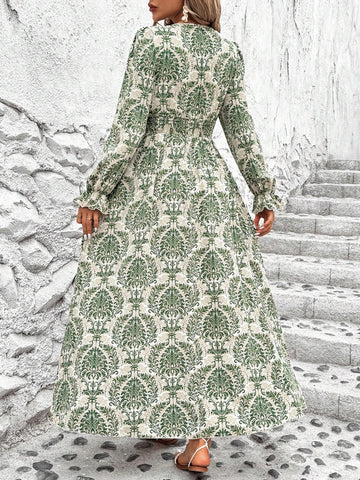 Women's V-Neck Lantern Sleeve Pleated Waist Holiday Long Sleeve Dress