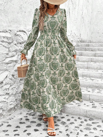 Women's V-Neck Lantern Sleeve Pleated Waist Holiday Long Sleeve Dress