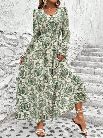 Women's V-Neck Lantern Sleeve Pleated Waist Holiday Long Sleeve Dress