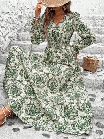 Women's V-Neck Lantern Sleeve Pleated Waist Holiday Long Sleeve Dress