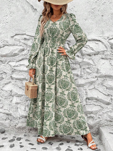 Women's V-Neck Lantern Sleeve Pleated Waist Holiday Long Sleeve Dress