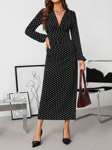 Women's V-Neck Long Sleeve Fitted Polka Dot Dress, Elegant Fashion For Spring, Fall, Winter,