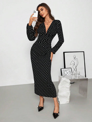 Women's V-Neck Long Sleeve Fitted Polka Dot Dress, Elegant Fashion For Spring, Fall, Winter,