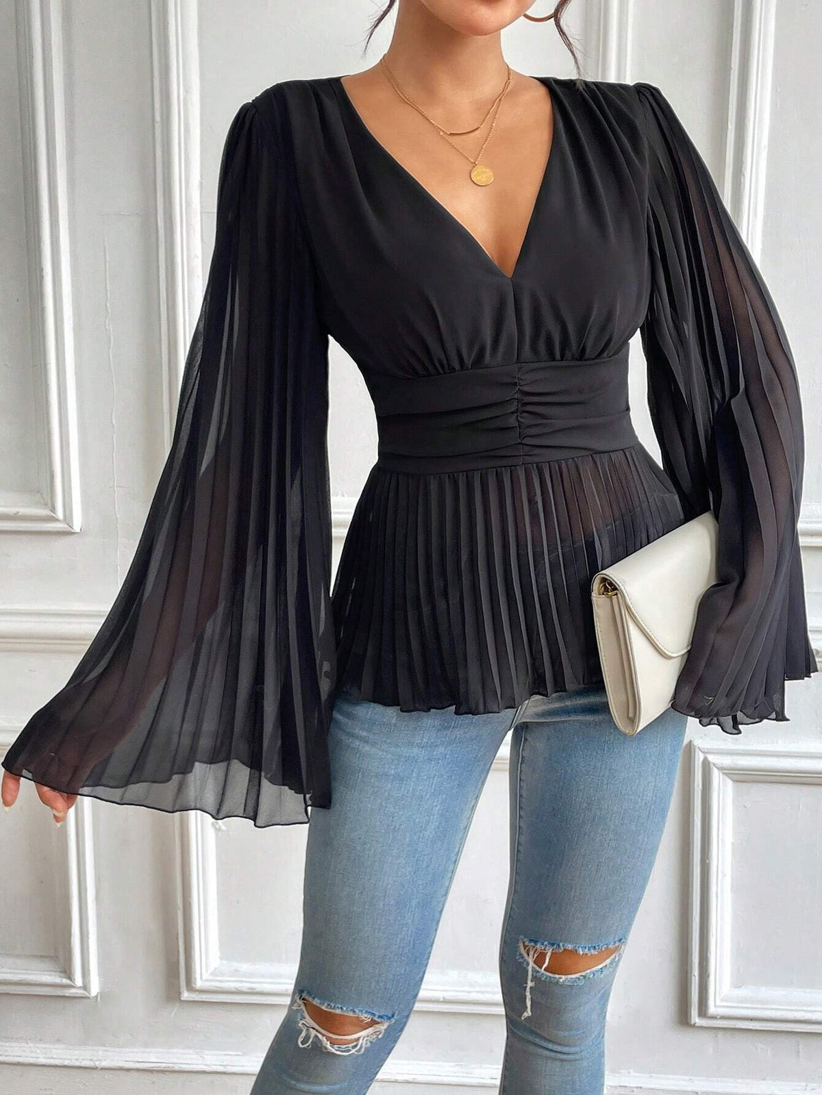 Clasi Women's V-Neck Long Sleeve Pleated Top With Patchwork, Casual Vacation