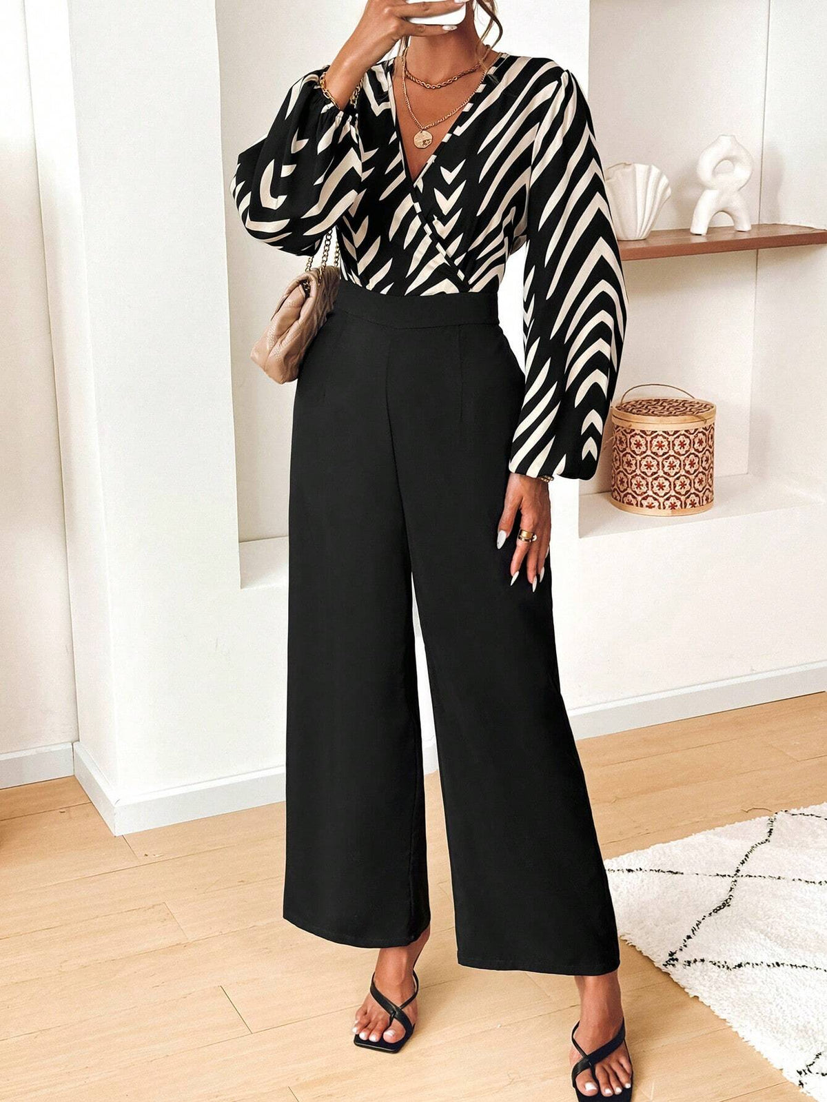 Women's V-Neck Long Sleeve Random Print Straight Loose Comfortable Jumpsuit