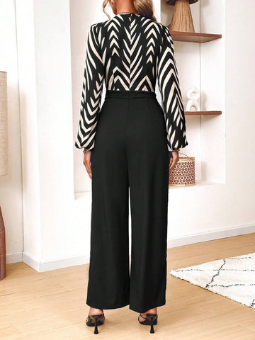 Women's V-Neck Long Sleeve Random Print Straight Loose Comfortable Jumpsuit