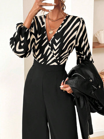 Women's V-Neck Long Sleeve Random Print Straight Loose Comfortable Jumpsuit