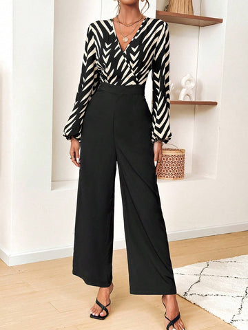 Women's V-Neck Long Sleeve Random Print Straight Loose Comfortable Jumpsuit