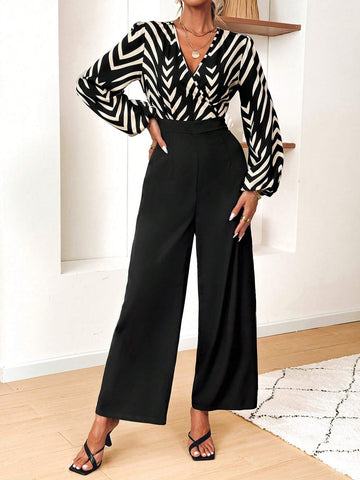 Women's V-Neck Long Sleeve Random Print Straight Loose Comfortable Jumpsuit