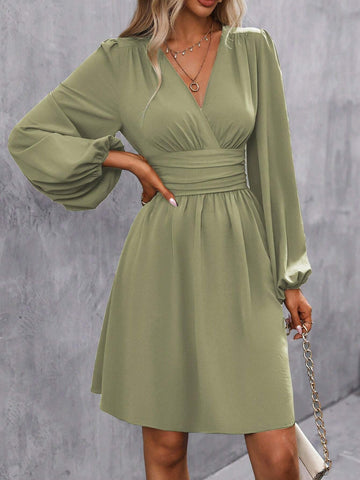 Women's V-Neck Long Sleeve Ruched Waist Elegant Dress