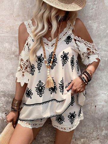Women's V-Neck Open Shoulder Printed Summer Top And Shorts Set