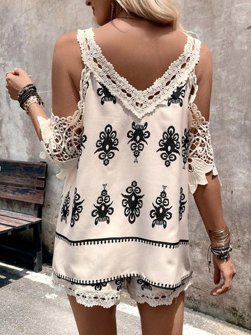 Women's V-Neck Open Shoulder Printed Summer Top And Shorts Set