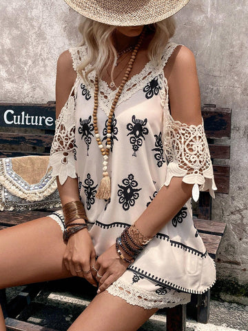 Women's V-Neck Open Shoulder Printed Summer Top And Shorts Set