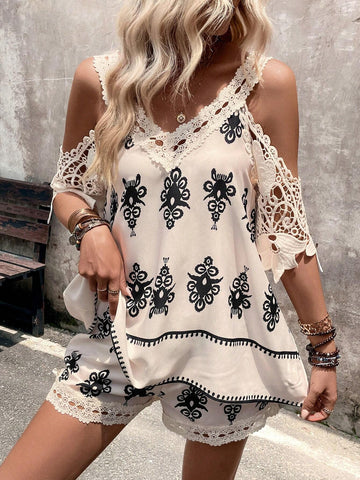 Women's V-Neck Open Shoulder Printed Summer Top And Shorts Set