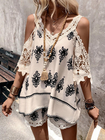 Women's V-Neck Open Shoulder Printed Summer Top And Shorts Set