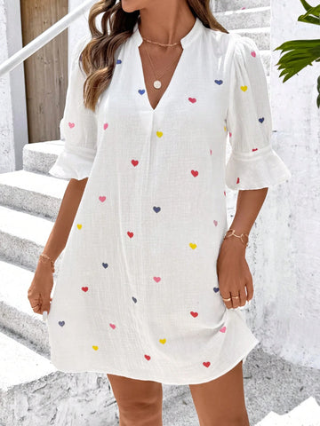 Women's V-Neck Ruffle Trim Texture Heart Print Elegant Daily Holiday Casual Short Dress For