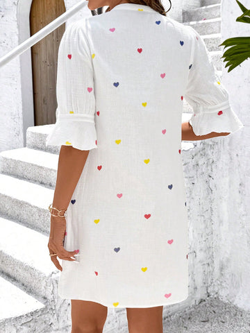 Women's V-Neck Ruffle Trim Texture Heart Print Elegant Daily Holiday Casual Short Dress For
