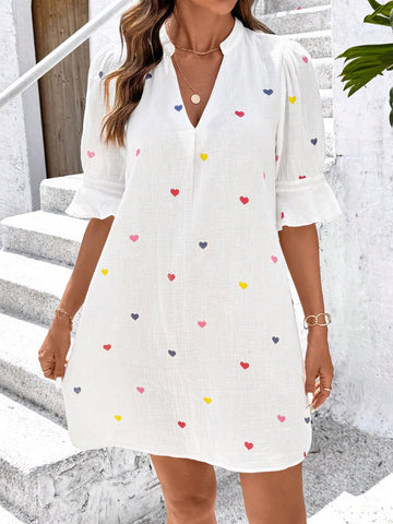 Women's V-Neck Ruffle Trim Texture Heart Print Elegant Daily Holiday Casual Short Dress For