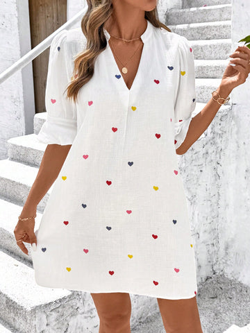 Women's V-Neck Ruffle Trim Texture Heart Print Elegant Daily Holiday Casual Short Dress For