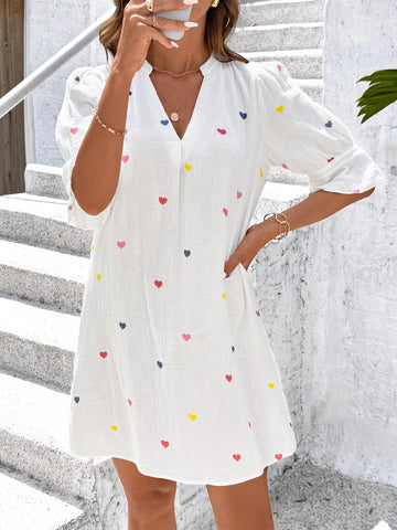 Women's V-Neck Ruffle Trim Texture Heart Print Elegant Daily Holiday Casual Short Dress For