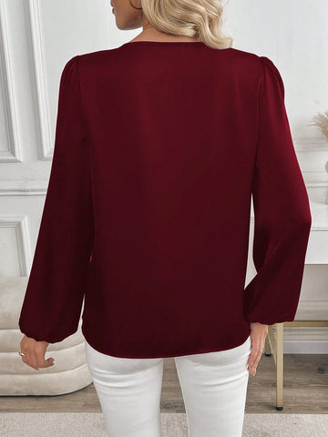 Clasi Women's V-Neck Sequin Patchwork Party Elegant Precision Crisp Glossy Long Sleeve Blouse, Autumn/Winter