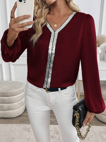 Clasi Women's V-Neck Sequin Patchwork Party Elegant Precision Crisp Glossy Long Sleeve Blouse, Autumn/Winter