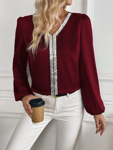 Clasi Women's V-Neck Sequin Patchwork Party Elegant Precision Crisp Glossy Long Sleeve Blouse, Autumn/Winter