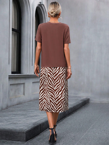 Women's V-Neck Short Sleeve Brown T-Shirt And Zebra Print Slit Hem Skirt Two Piece Set,For Spring,Summer