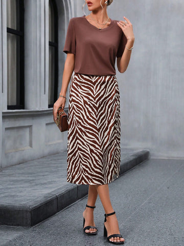 Women's V-Neck Short Sleeve Brown T-Shirt And Zebra Print Slit Hem Skirt Two Piece Set,For Spring,Summer
