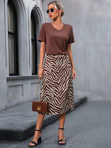 Women's V-Neck Short Sleeve Brown T-Shirt And Zebra Print Slit Hem Skirt Two Piece Set,For Spring,Summer