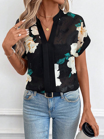 Clasi Women's V-Neck Short Sleeve Floral Print Casual Blouse, Everyday Wear