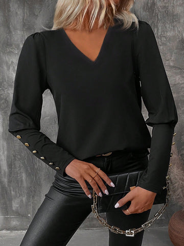 Clasi Women's V-Neck Solid Color Casual Blouse, Minimalist Fashion For Everyday Wear