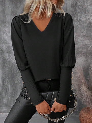 Clasi Women's V-Neck Solid Color Casual Blouse, Minimalist Fashion For Everyday Wear