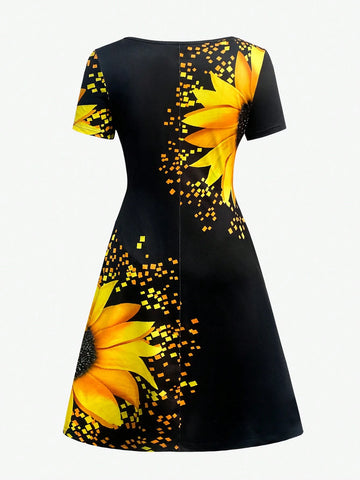 Women's V-Neck Sunflower Print A-Line Summer Dress