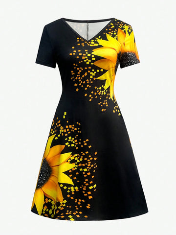 Women's V-Neck Sunflower Print A-Line Summer Dress