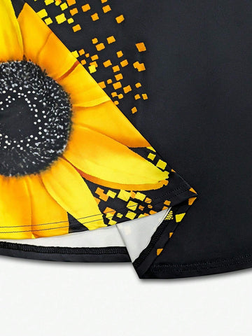 Women's V-Neck Sunflower Print A-Line Summer Dress