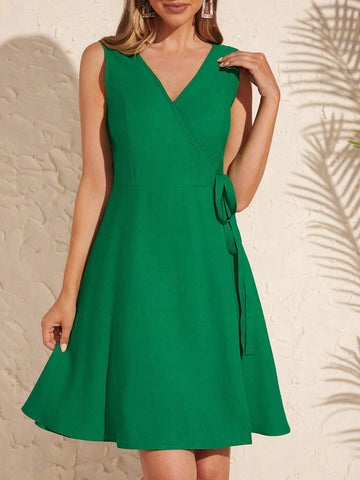 Women's V-Neck Wrap Style Sleeveless A-Line Dress