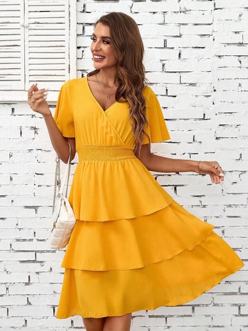 Women's V-Neckline Waist Cinching Ruffle Short Sleeve Music Festival Summer Dress