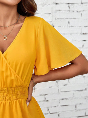 Women's V-Neckline Waist Cinching Ruffle Short Sleeve Music Festival Summer Dress