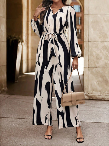 Women's V-neck Flower Printed Jumpsuit With Belt