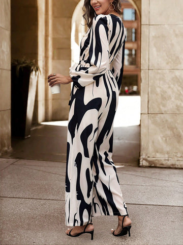 Women's V-neck Flower Printed Jumpsuit With Belt