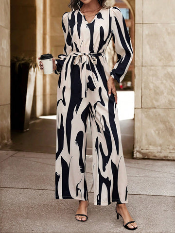 Women's V-neck Flower Printed Jumpsuit With Belt