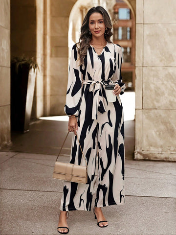 Women's V-neck Flower Printed Jumpsuit With Belt