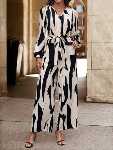 Women's V-neck Flower Printed Jumpsuit With Belt