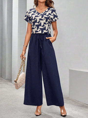 Women's V Neck Geometric Printed Top And Navy Blue Wide Leg Pants Two Piece Set,For Spring,Summer