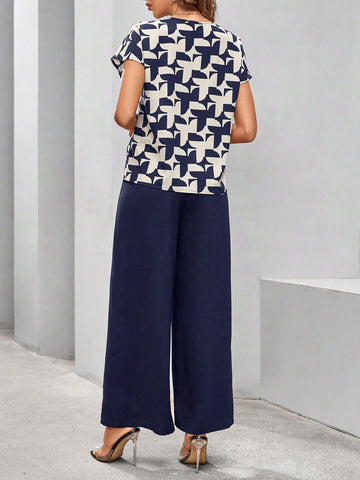 Women's V Neck Geometric Printed Top And Navy Blue Wide Leg Pants Two Piece Set,For Spring,Summer