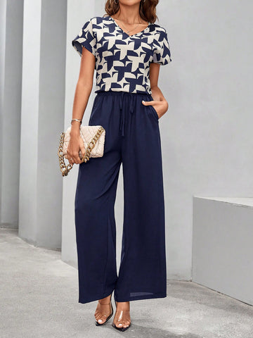 Women's V Neck Geometric Printed Top And Navy Blue Wide Leg Pants Two Piece Set,For Spring,Summer