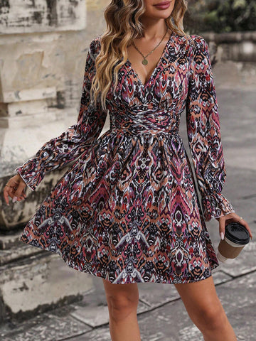 Women's Vacation All Over Print V-Neck Long Sleeve Ruched Waist Elegant Short Dress