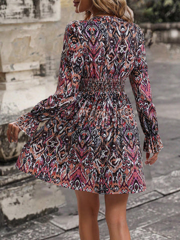 Women's Vacation All Over Print V-Neck Long Sleeve Ruched Waist Elegant Short Dress