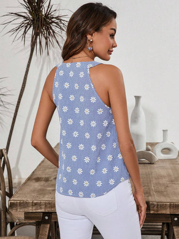 Clasi Women's Vacation Leisure Fresh Daisy Grid Pattern Notched Collar Neck Strap Blouse